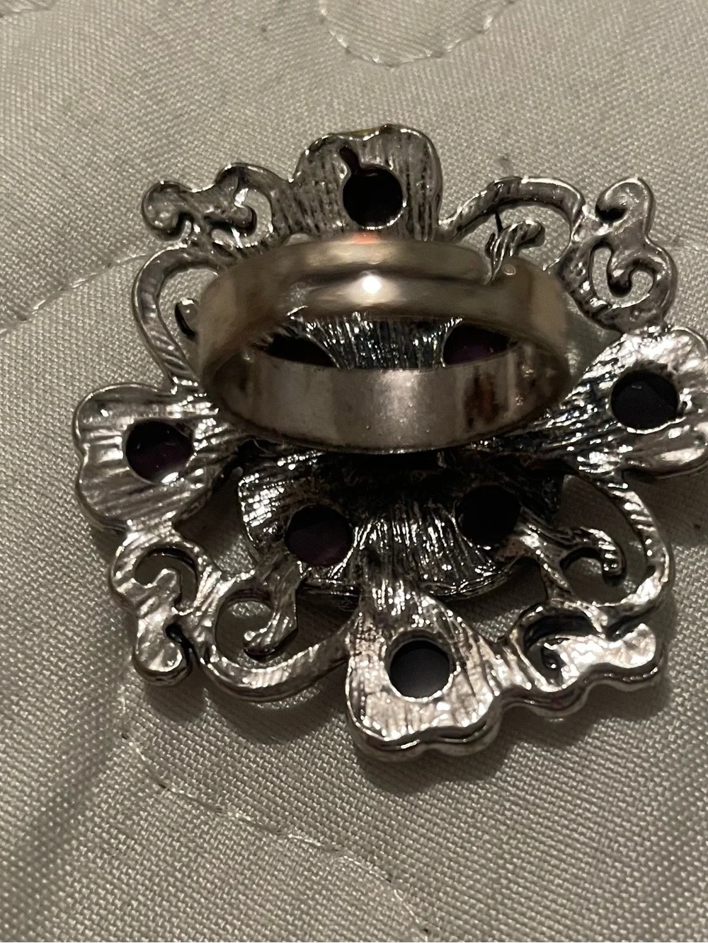 Silver-Tone Ring with Deep Purple Gem Accents